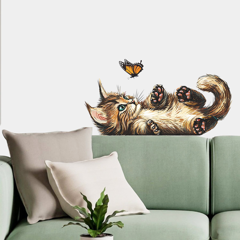 Home Bathroom Wallpaper - T15 # น่ารักลูกแมวผีเสื้อเล่นสติ๊กเกอร์ติดผนังเด็กห้องห้องนอนภาพจิตรกรรมฝาผนังห้องน้ำวอลล์เปเปอร์การตกแต่งบ้านการ์ตูนสติกเกอร์รูปแมว