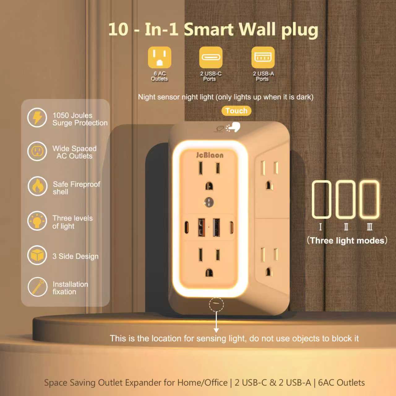 Home Outlet Bathroom - ปลั๊กไฟติดผนัง USB-C พร้อมไฟกลางคืน, ช่องเสียบชาร์จเร็ว 5V 2.4A,