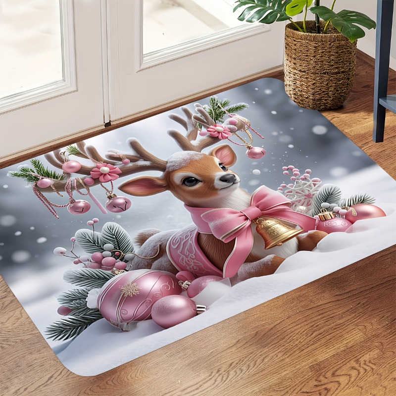Home Bathroom Scene - พรมเช็ดเท้าลายกวางเรนเดียร์คริสต์มาสสีชมพู พร้อมโบว์ กระดิ่ง ลูกบอลตกแต่ง ฉากหิมะ กิ่งสน