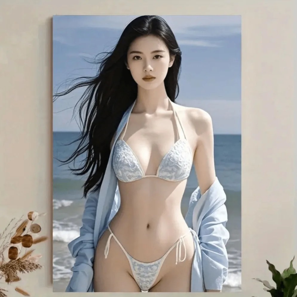 Home Bathroom Scene - ศิลปะติดผนังชายหาดสำหรับห้องนั่งเล่น ฉากทะเลบิกินี่สีฟ้า ของตกแต่งบ้านสุดหรูสำหรับห้องนอน ห้องน้ำ ห้องครัว