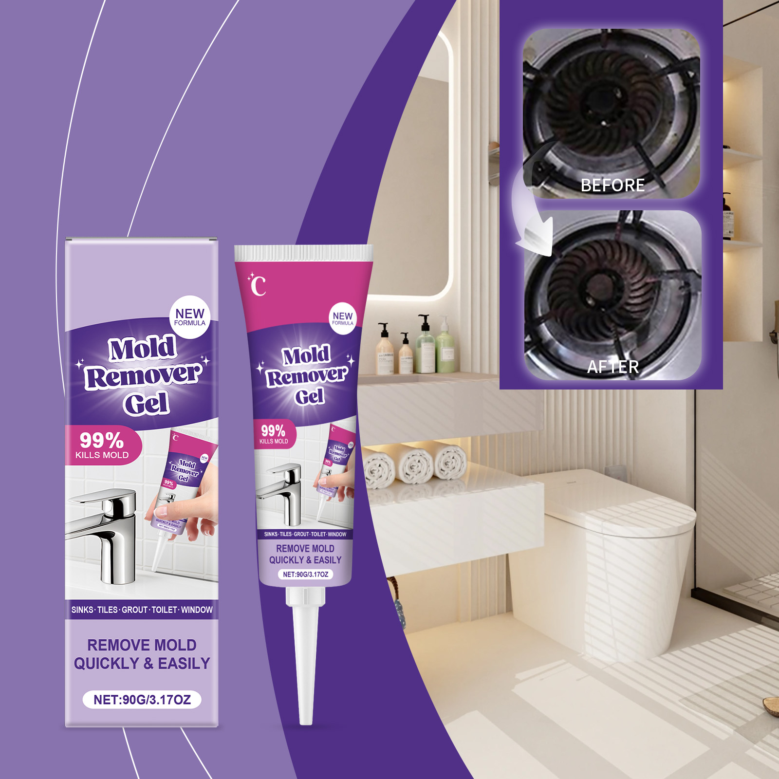 Home Bathroom Cleaning Solution - เจลกำจัดเชื้อรา ทำความสะอาดคราบฝังแน่นอย่างรวดเร็ว สำหรับกระเบื้องผนัง ยาแนว ซีลแลนท์ ห้องน้ำ