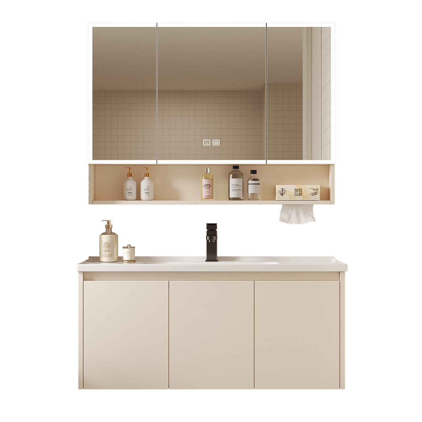 Home Bathroom Wallpaper - ตู้กระจกอัจฉริยะสำหรับห้องน้ำ วัสดุอะลูมิเนียม ติดผนังแบบแยกส่วน พร้อมชั้นวางของและที่ใส่กระดาษทิชชู่ ยี่ห้อ Kong