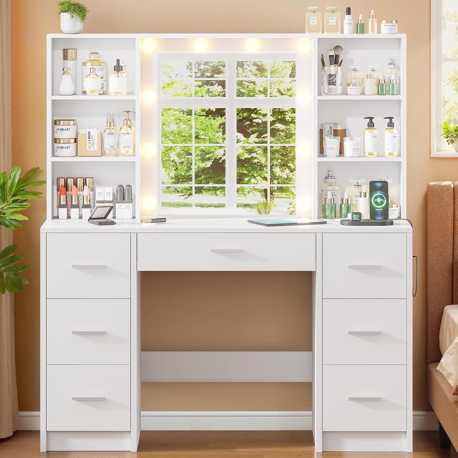 Home Outlet Bathroom Mirrors - โต๊ะเครื่องแป้งขนาดใหญ่พร้อมกระจก LED และเต้าเสียบไฟฟ้า, 7 ลิ้นชักและ 6