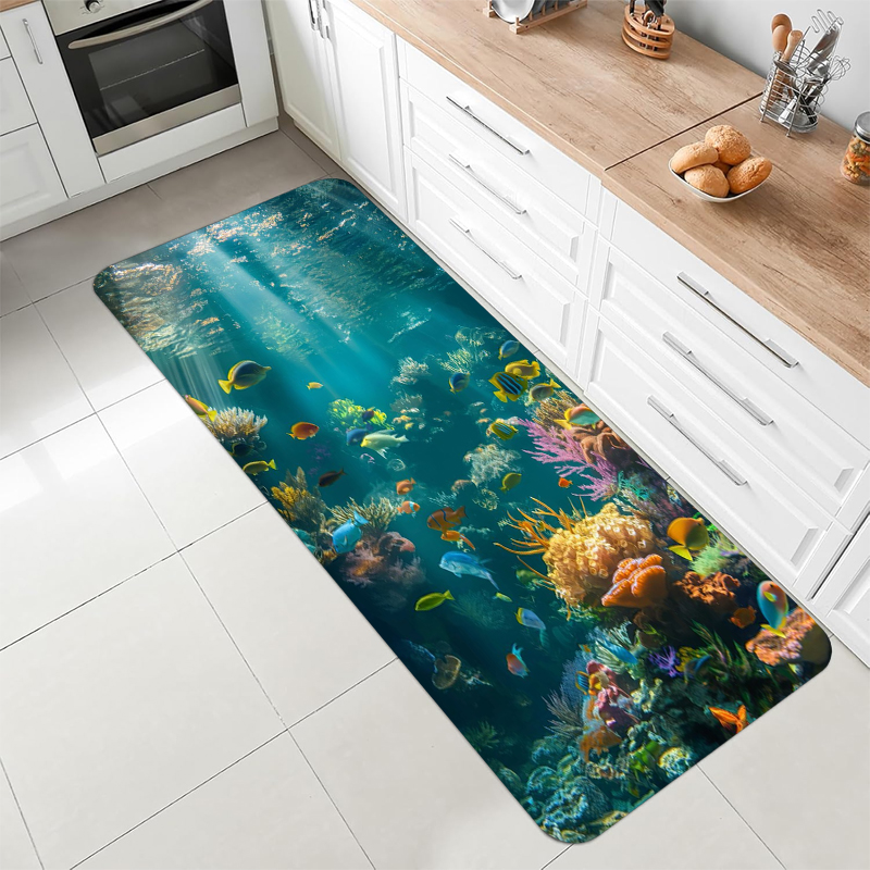 Home Bathroom Scene - พรมลายปลาปะการังใต้น้ำ ทิวทัศน์ทะเล พรมกันลื่น สำหรับทางเดิน ห้องโถง ทางเข้าบ้าน
