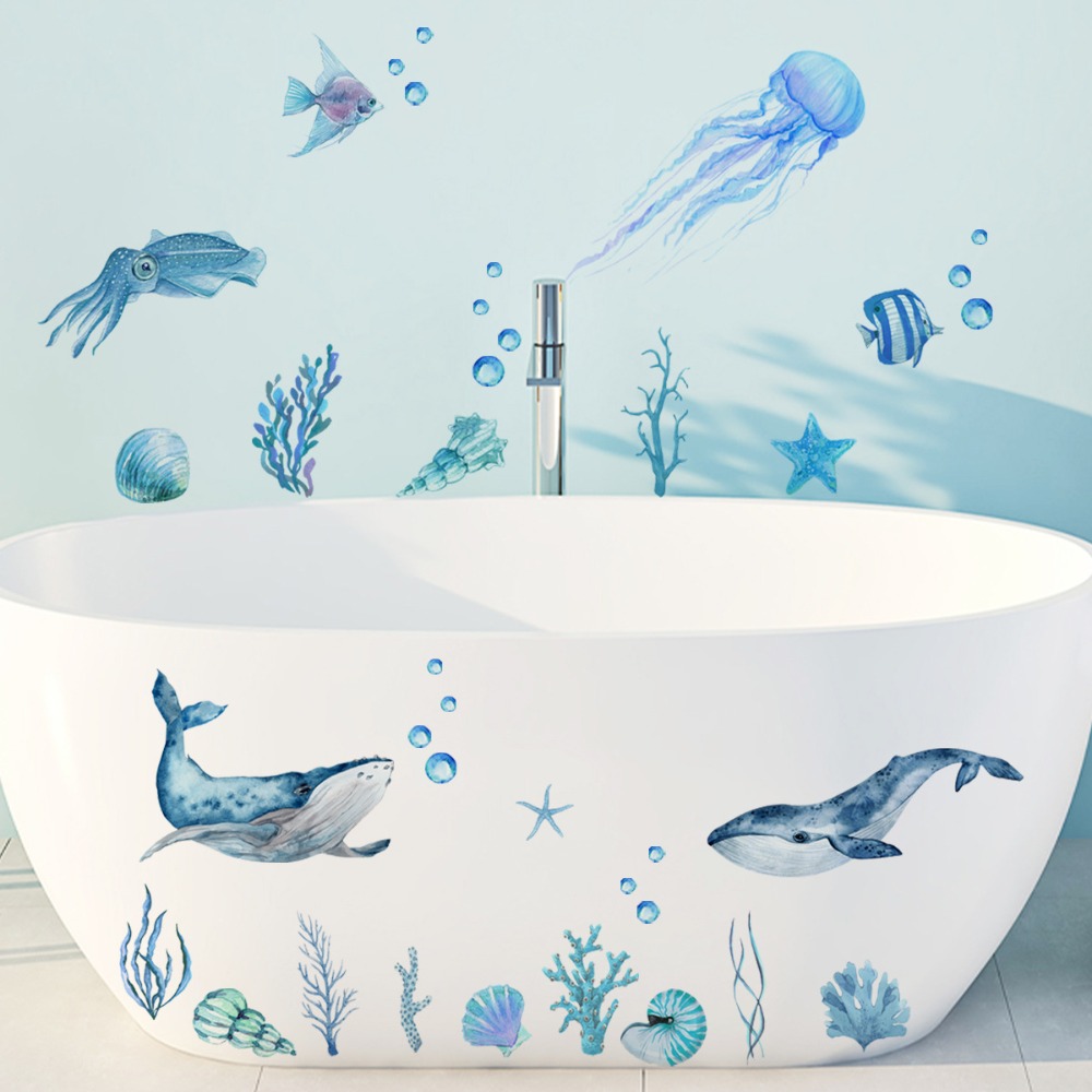 Home Bathroom Wallpaper - สติ๊กเกอร์ติดผนังลายอ่างอาบน้ำ ลายสัตว์ใต้น้ำ แมงกะพรุน ฟองสบู่ สำหรับตกแต่งผนังห้องน้ำ