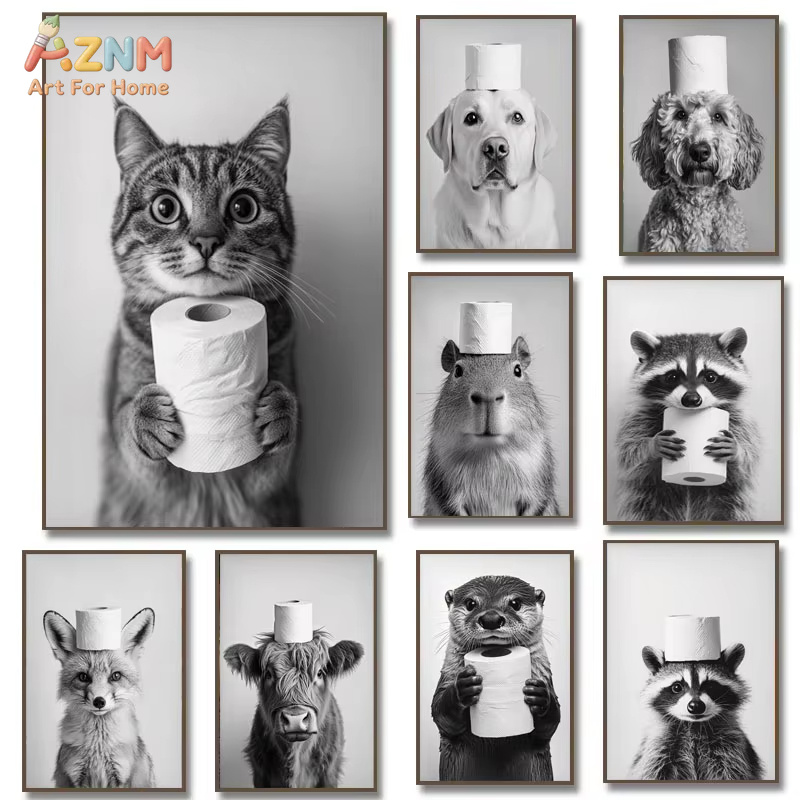 Home Bathroom Wallpaper - 1 ชิ้น, โปสเตอร์ภาพพิมพ์บนผ้าใบลายวัวไฮแลนด์ นาก แมว แรคคูน