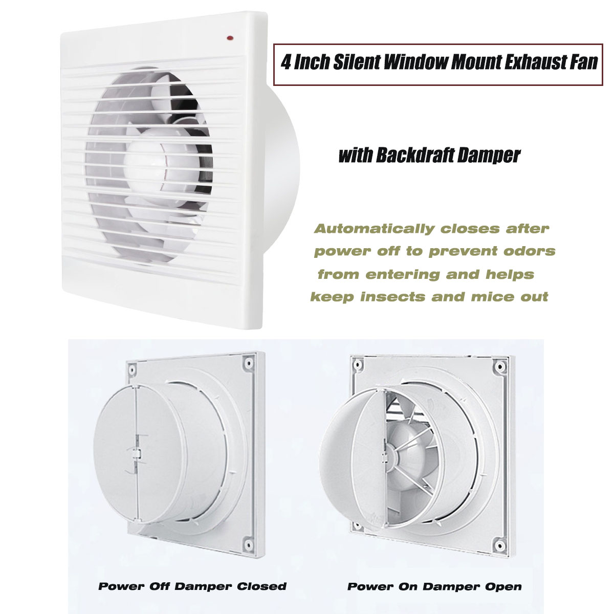 Home Bathroom Vent - พัดลมดูดอากาศแบบติดหน้าต่างขนาด 4 นิ้ว เงียบ พร้อมตัวกันลมย้อนกลับ สำหรับห้องน้ำ