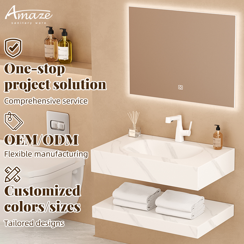 Home Living Bathroom Vanity - ตู้ห้องน้ำดีไซน์ใหม่แบบลอยตัวสองชั้น พร้อมท็อปหินอ่อนลายหินอ่อน ตู้ห้องน้ำพร้อมอ่างล้างหน้าและไฟ LED
