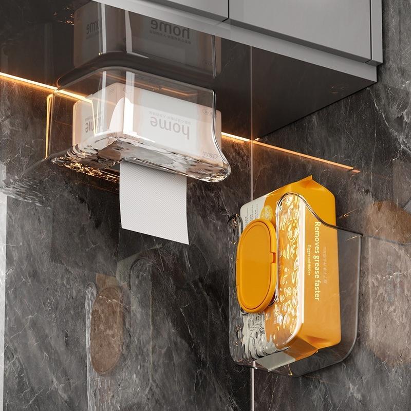 Home Bathroom Paper Towel Dispenser - ที่ใส่กระดาษเปียกแบบติดผนัง ที่วางกระดาษทิชชู่แบบติดด้วยตัวเอง สำหรับห้องครัว ห้องน้ำ กล่องใส่กระดาษเช็ดมือ อุปกรณ์จัดเก็บของใช้ในบ้าน